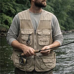 Men's Beige Utility Fishing Vest with Multiple Pockets